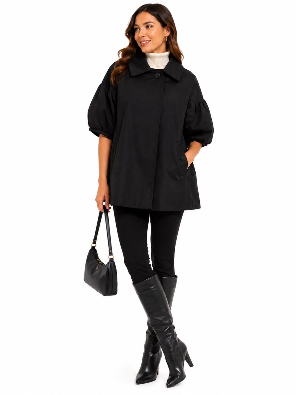 Banana Republic Petite S Black Puff Sleeve Trench Coat Jacket NWT